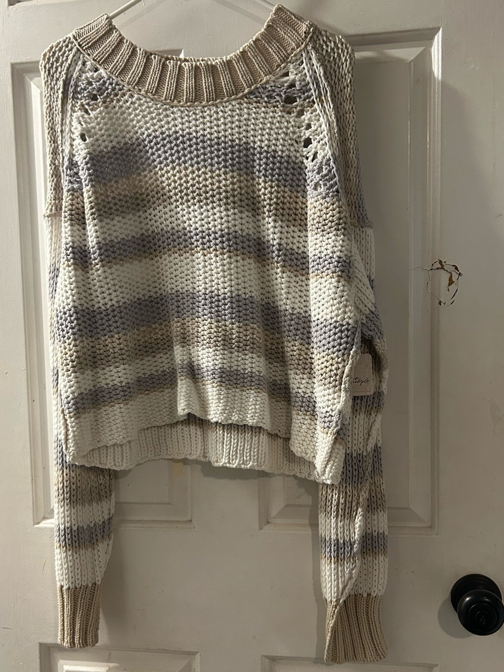 Striped Chunky Knit Cold-Shoulder Sweater - Cream & Gray